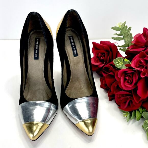 Marissa Webb Stiletto Heel Pump Size 8 Black Gold & Silver Leather Pointed-Toe - Picture 5 of 16